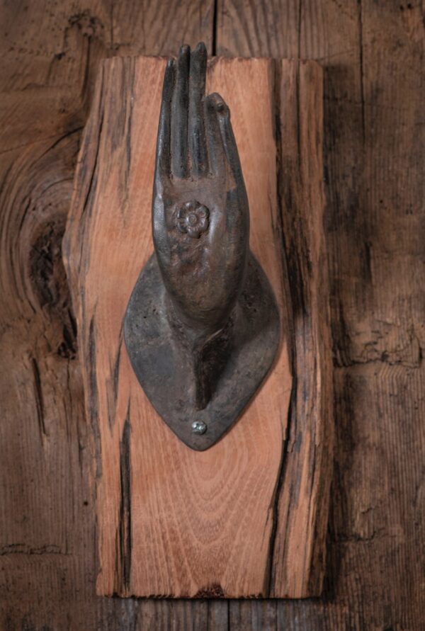 Cast Bronze Hand of the Buddha & 100 Year Old Wood